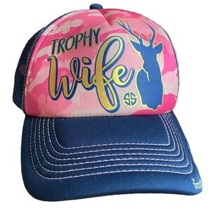 Simply Southern Trophy Wife Deer Buck Pink Camo Blue Mesh Trucker Ball Cap O/S